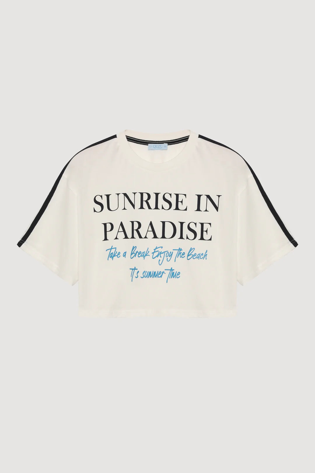 Paradise Ekru Biye Detaylı Yazı Baskılı Crop Tişört