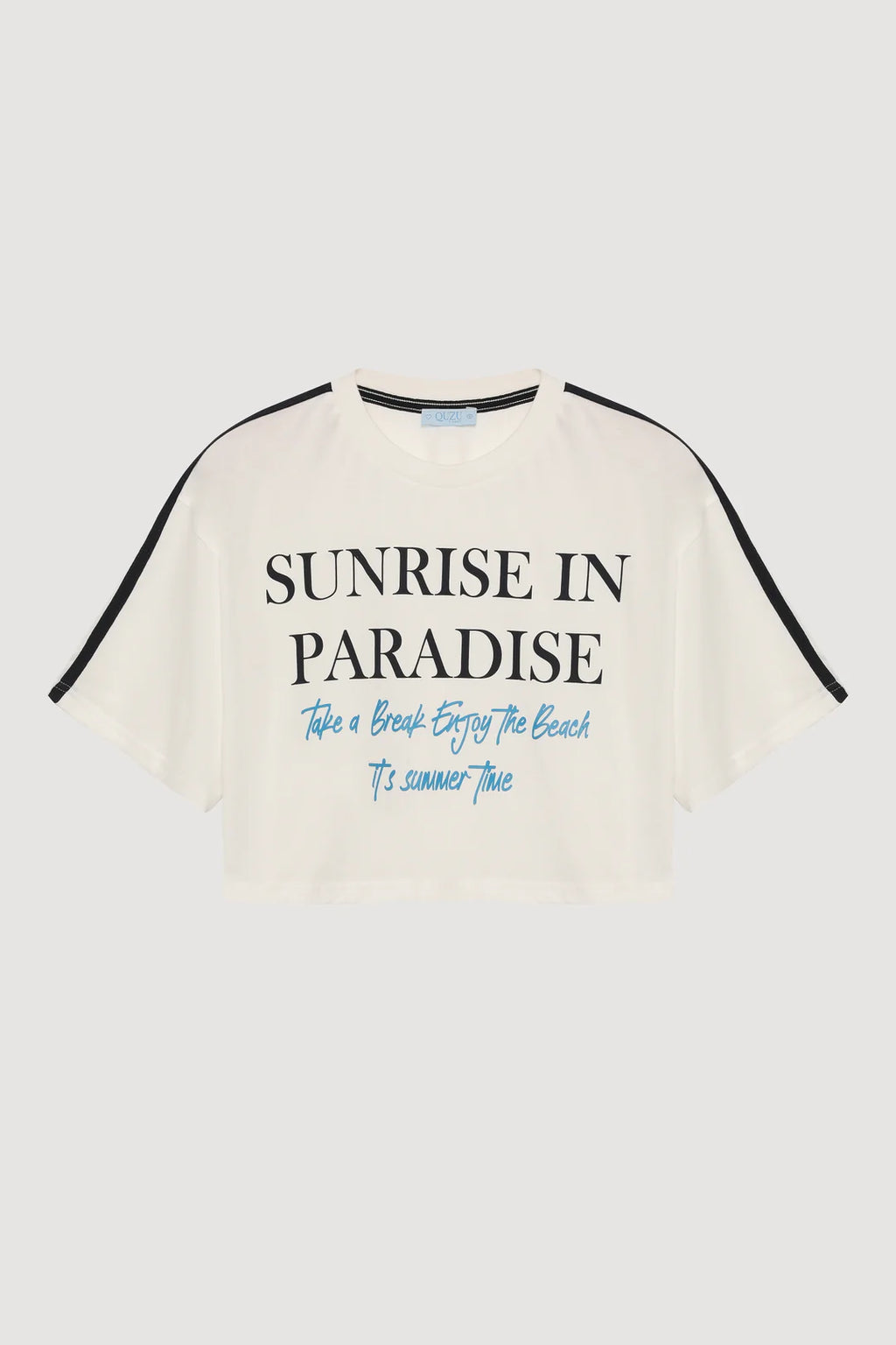 Paradise Ekru Biye Detaylı Yazı Baskılı Crop Tişört
